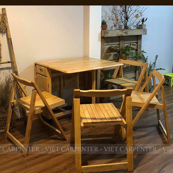 Bộ bàn ăn thông minh 4 ghế xếp gọn gỗ tự nhiên cho nhà nhỏ