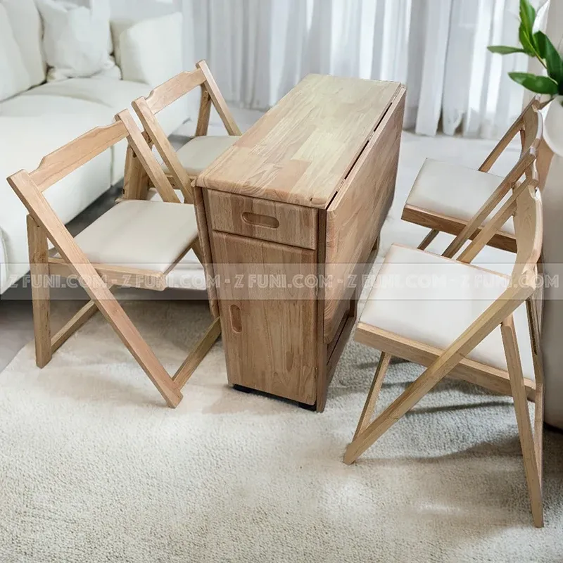 bàn ăn xếp thông minh 4 ghế gỗ tự nhiên ghế có bọc nệm