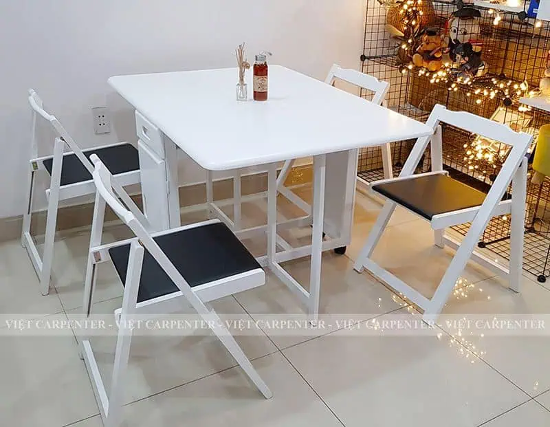 Bàn ăn thông minh dài 1.2m xếp gọn đa năng màu trắng thiết kế có bánh xe gỗ tự nhiên 100%