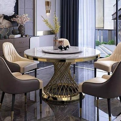 Bàn ăn mặt đá xoay 2 tầng cao cấp khung chân được mạ vàng