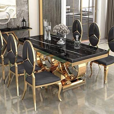 Bàn ăn tân cổ điển mặt đá khung mạ vàng cao cấp phong cách mercedes