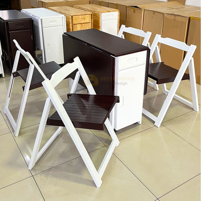 bộ bàn ăn thông minh xếp gọn 4 ghế gỗ tự nhiên giá rẻ giải pháp tối ưu cho nhà nhỏ chật hẹp kích thước dài 1.2m gấp lại chỉ còn 35cm thiết kế gắn bánh xe cực kì tiện lợi khi di chuyển