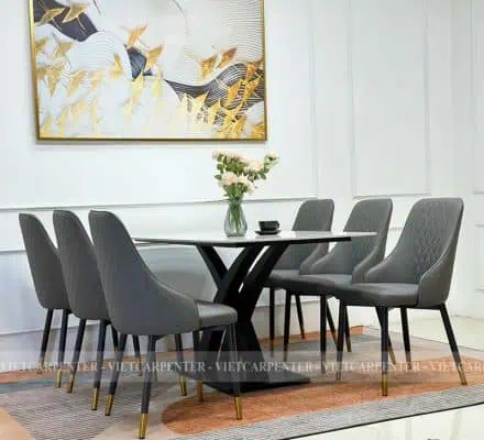 bàn ghế ăn khung chân sắt mặt đá kết hợp 6 ghế nệm bọc da đẹp hiện đại