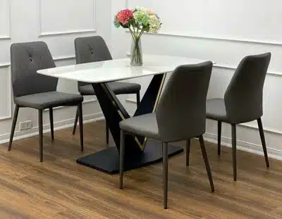 Bộ bàn ghế ăn cho chung cư căn hộ 4 người ngồi thiết kế khung chân sắt hình chữ và mặt bàn đá ceramic