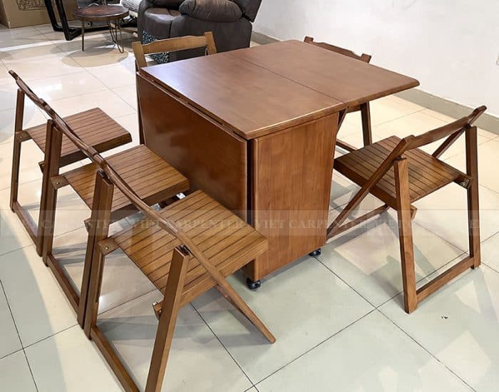 bộ bàn ăn xếp gọn 6 ghế màu gỗ tự nhiên óc chó thiết kế thông minh gấp gọn 2 cánh