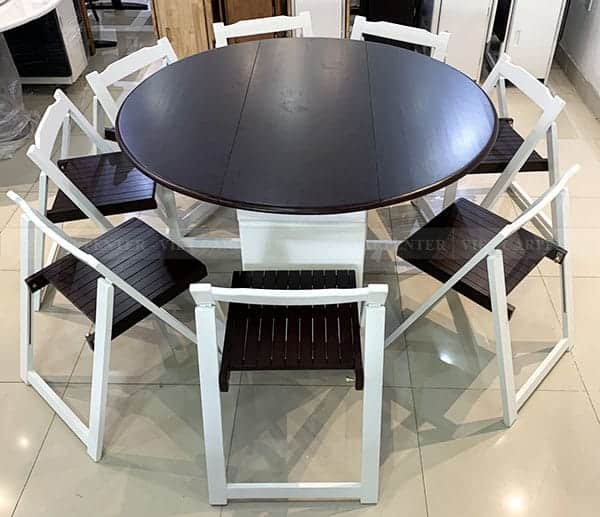 bộ bàn ăn tròn thông minh gấp gọn 6 ghế gỗ tự nhiên