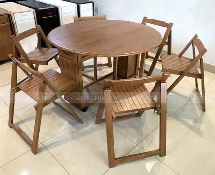 Bộ bàn ăn thông minh hình tròn làm bằng gỗ tự nhiên thiết kế có hộc tủ đựng đồ và 4 ghế bỏ trong hộc bàn