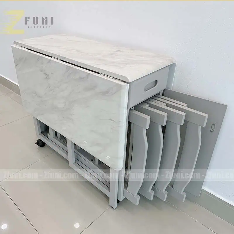 Bộ bàn ghế ăn thông minh mặt đá phiên bản 4 ghế bỏ được trong hộc bàn cực kỳ sang trọng hiện đại phong cách bắc âu