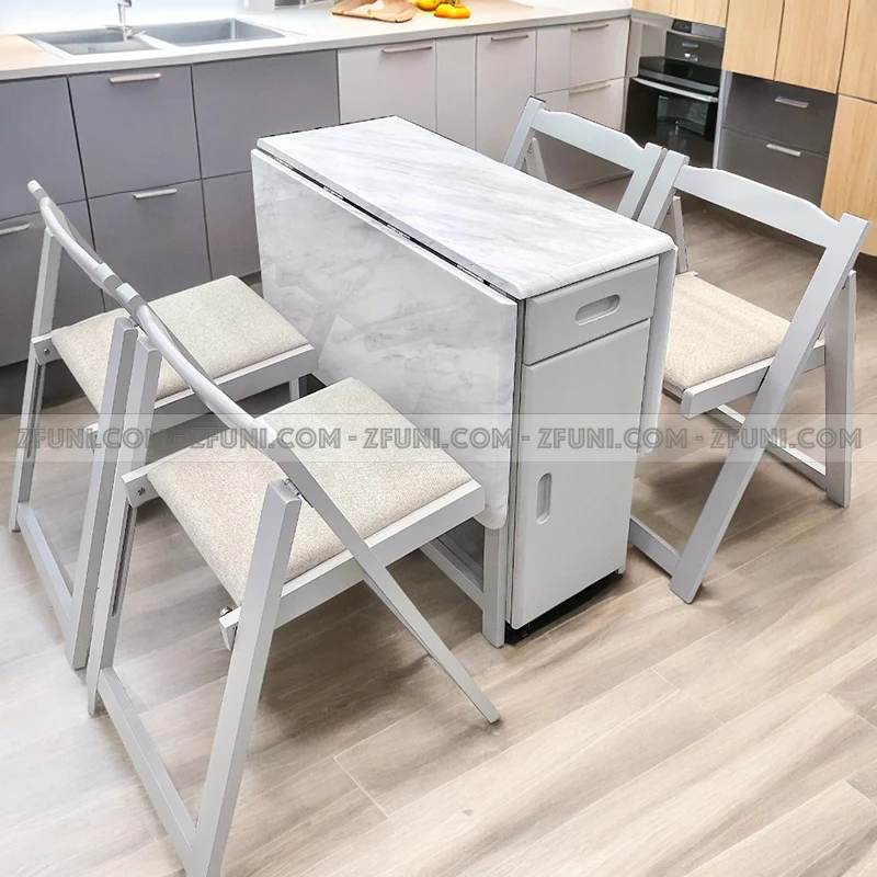 bộ bàn ăn thông minh mặt đá gấp gọn bỏ được 4 đến 6 ghế thiết kế phong cách hiện đại sang trọng cho chung cư căn hộ có diện tích nhỏ