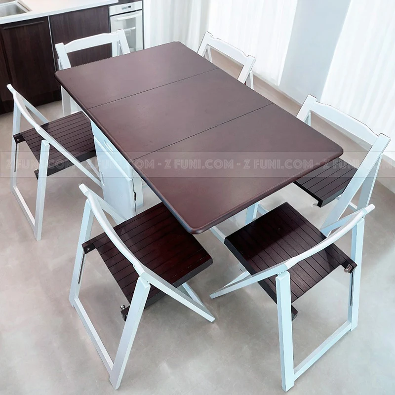 bộ bàn ăn thông minh gấp gọn 6 ghế thiết kế thông minh cực kỳ tiết kiệm diện tích với bàn dài 1.4m tông trắng nâu cực kỳ phù hợp cho phong cách hiện đại