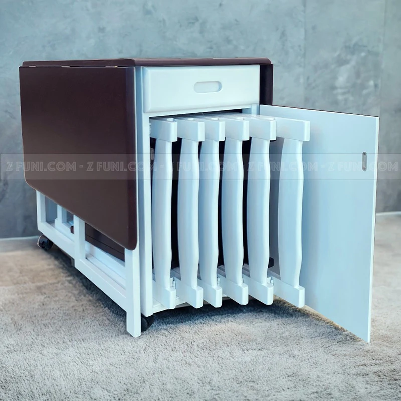 Bàn ăn xếp gọn 6 ghế kích thước bàn dài 1.4m xếp gọn 2 cánh còn 50cm cho nhà chật hẹp