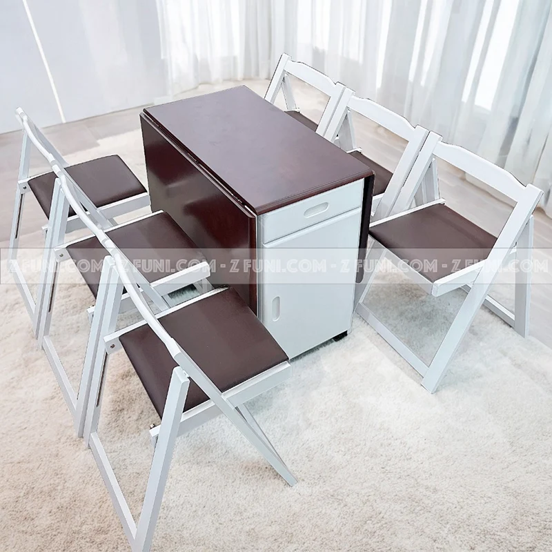 bộ bàn ăn thông minh gấp gọn 6 ghế với tông màu trắng nâu cực kỳ phù hợp cho phong cách hiện đại mà có diện tích nhà nhỏ