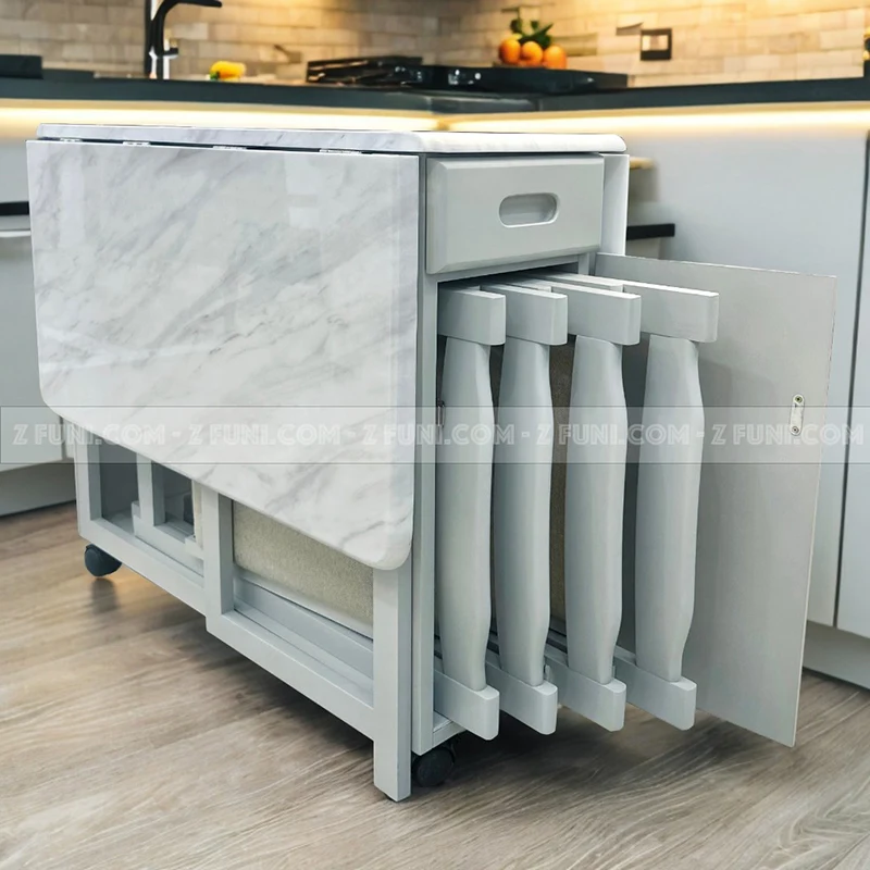 bàn ăn thông minh xếp gọn mặt đá 4 ghế tiết kiệm diện tích cho nhà nhỏ ghế bọc nệm rất phù hợp cho phong cách chung cư căn hộ hiện đại sang trọng