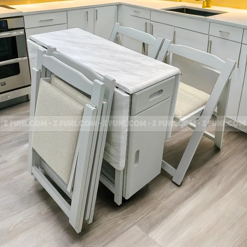bộ bàn ăn thông minh gấp gọn mặt đá 4 ghế cho nhà nhỏ