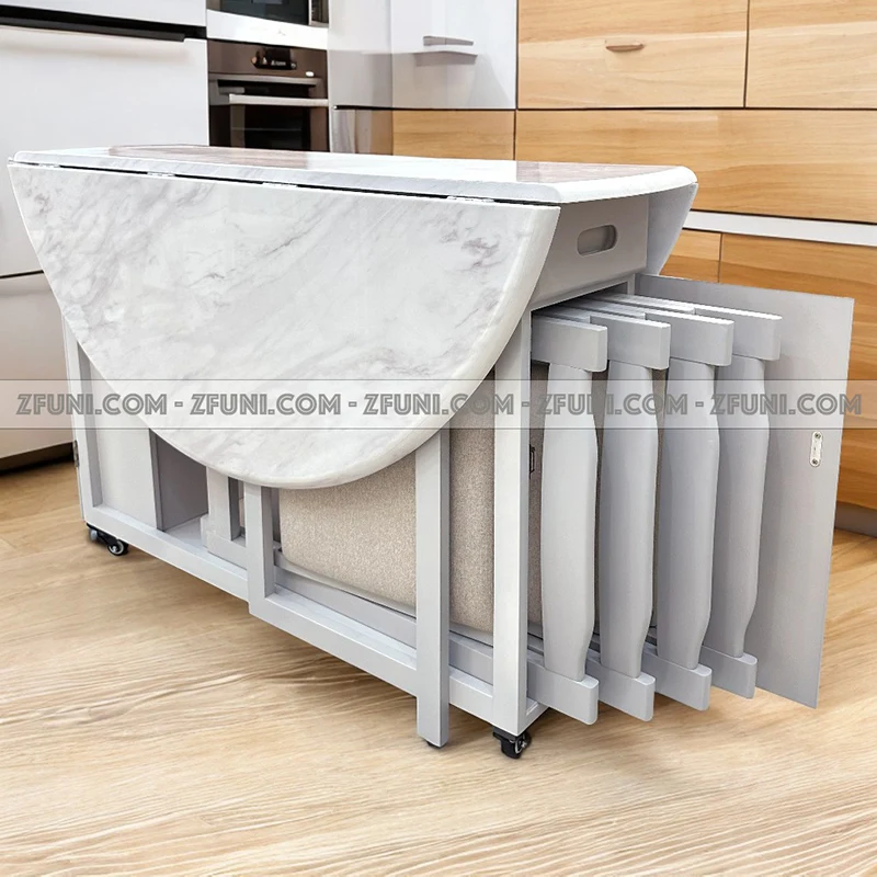 bộ bàn ghế ăn tròn gấp gọn thông minh 6 người ngồi thiết kế mặt bàn đá cực kỳ phù hợp cho không gian cao cấp hiện đại nhà hàng tiệc cưới