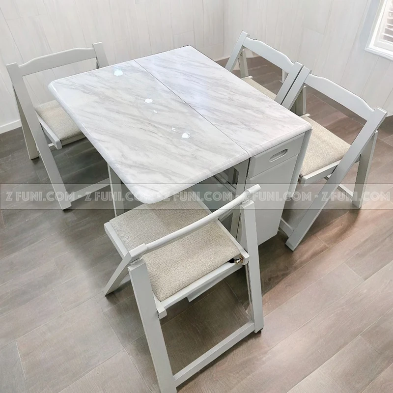 mẫu bàn ăn gấp gọn mặt đá 4 ghế xếp gọn được 2 cánh thiết kế phong cách hiện đại sang trọng tiết kiệm diện tích cho căn hộ chung cư nhỏ