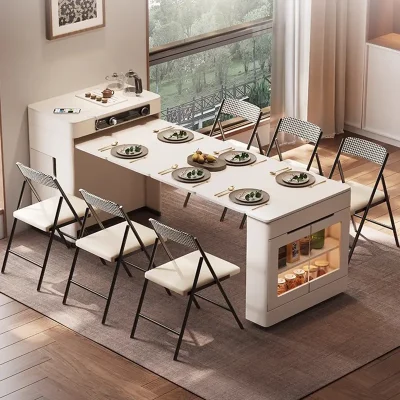bàn ăn đảo bếp nhỏ gọn thiết kế thông minh có khả năng kéo dài gấp gọn cực kỳ tiện lợi cho nhà nhỏ vừa có tủ đựng đồ tích hợp bếp điện nấu nước bình trà