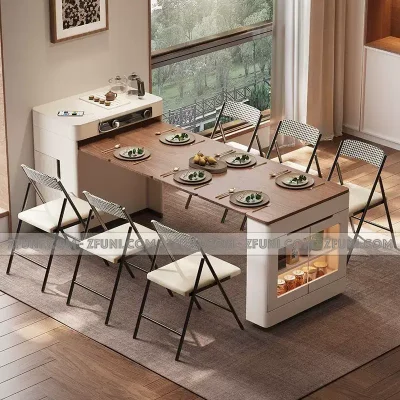 bàn ăn thông minh gấp gọn có thiết kế vừa kết hợp tủ vừa kéo dài ra để sử dụng được 6 đến 8 người cho nhà có không gian nhỏ nhằm tiết kiệm diện tích cho các chung cư căn hộ